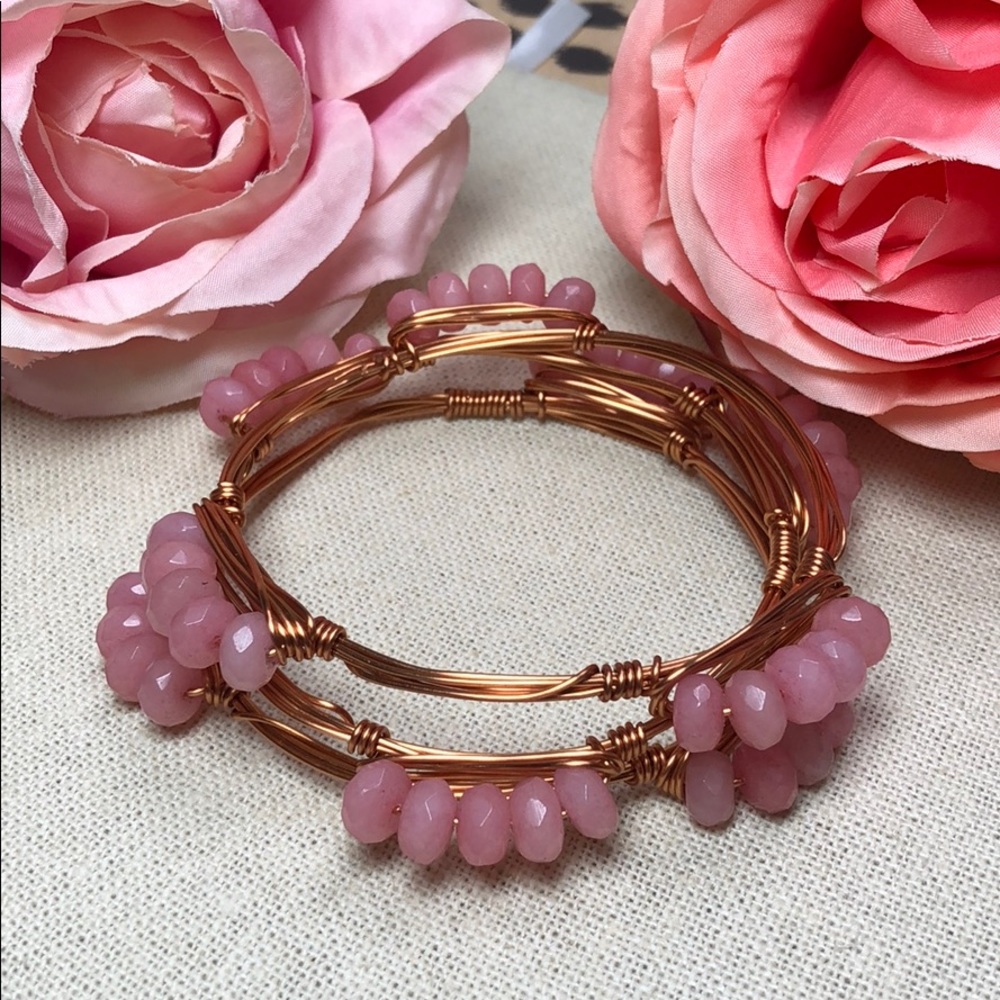 Pink Quartz Handmade Boho Copper Wire Bangle Set - Picture 3 of 3